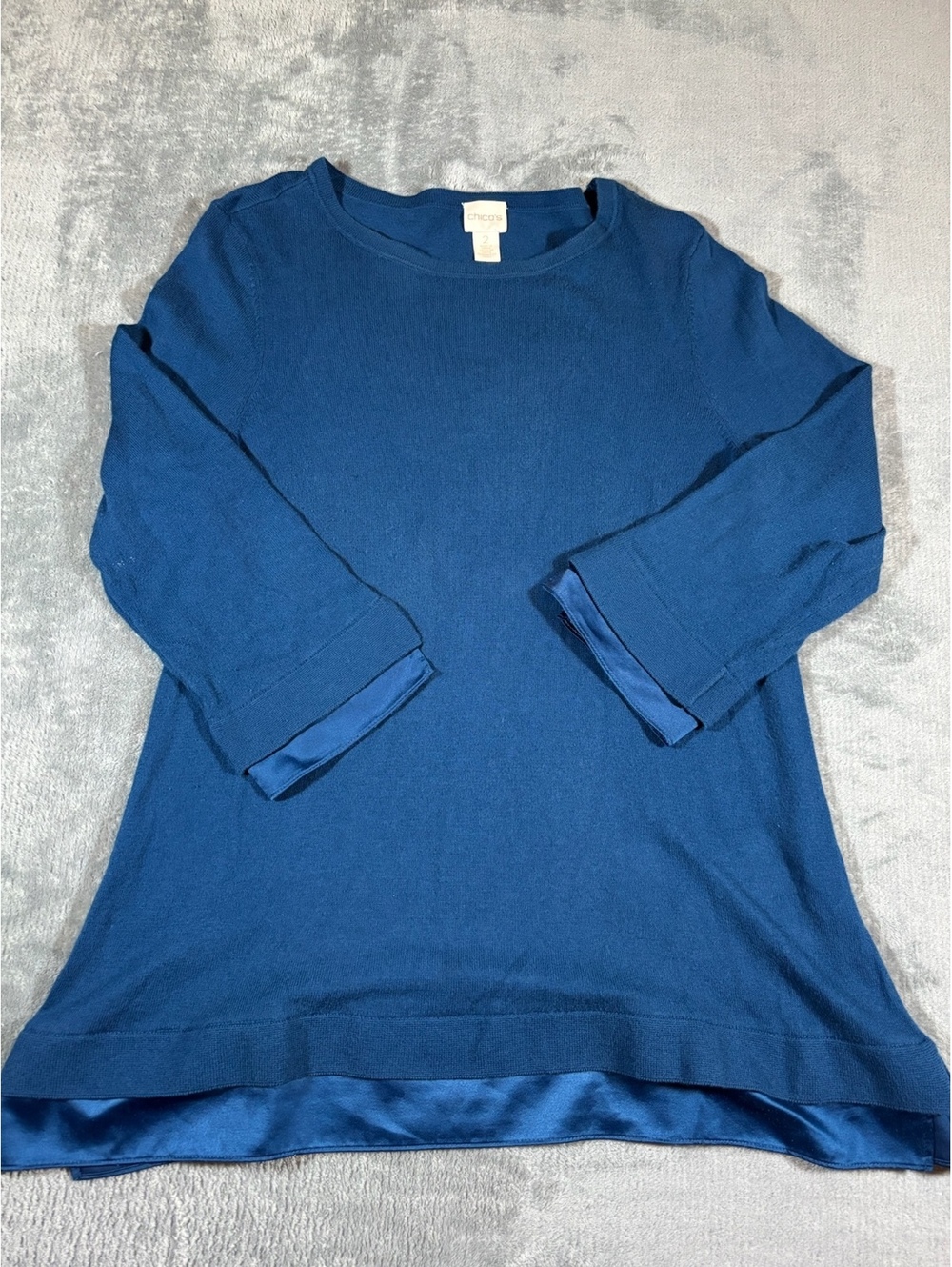 Chico’s Tunic Blouse Women’s Size 2 Blue Satin Layered Detail Cotton Blend